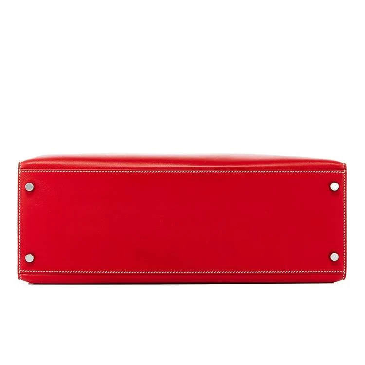 Hermes Red Swift Leather Palladium Plated Kelly Flat 35 Bag - Image 4