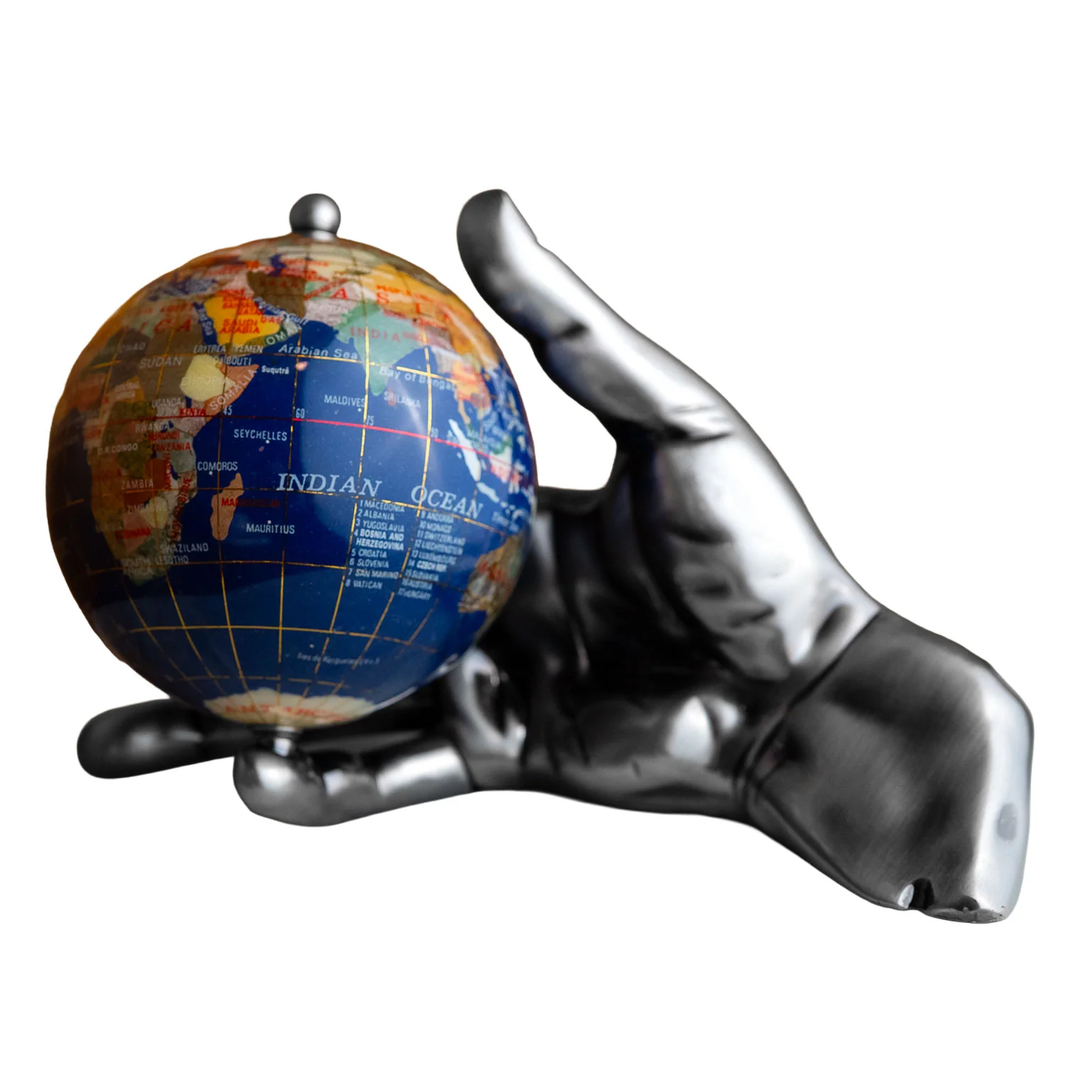 World In Your Hand - Gemstone Globe with Lapis Ocean Embraced with Antique Silver Base