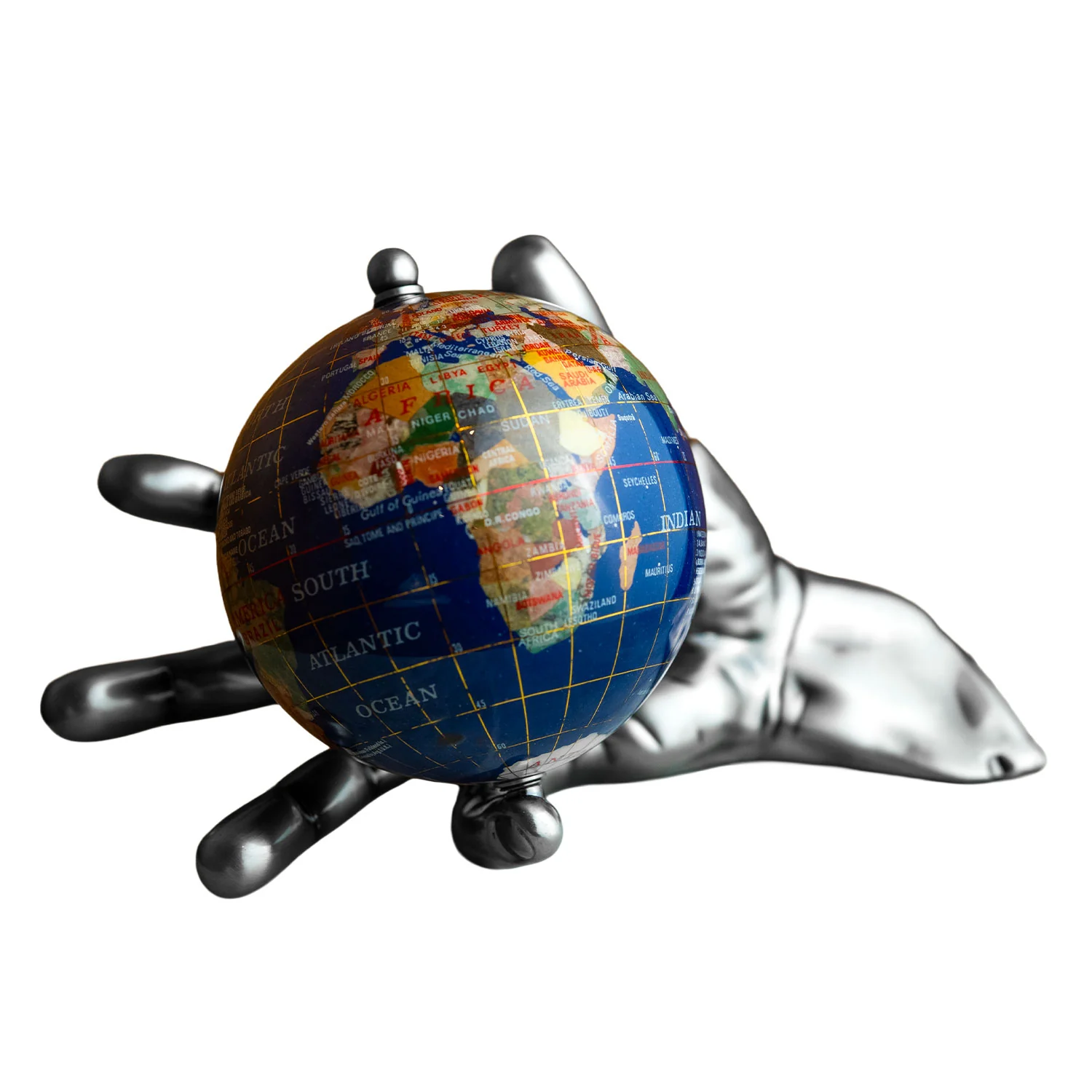 World In Your Hand - Gemstone Globe with Lapis Ocean Embraced with Antique Silver Base - Image 3